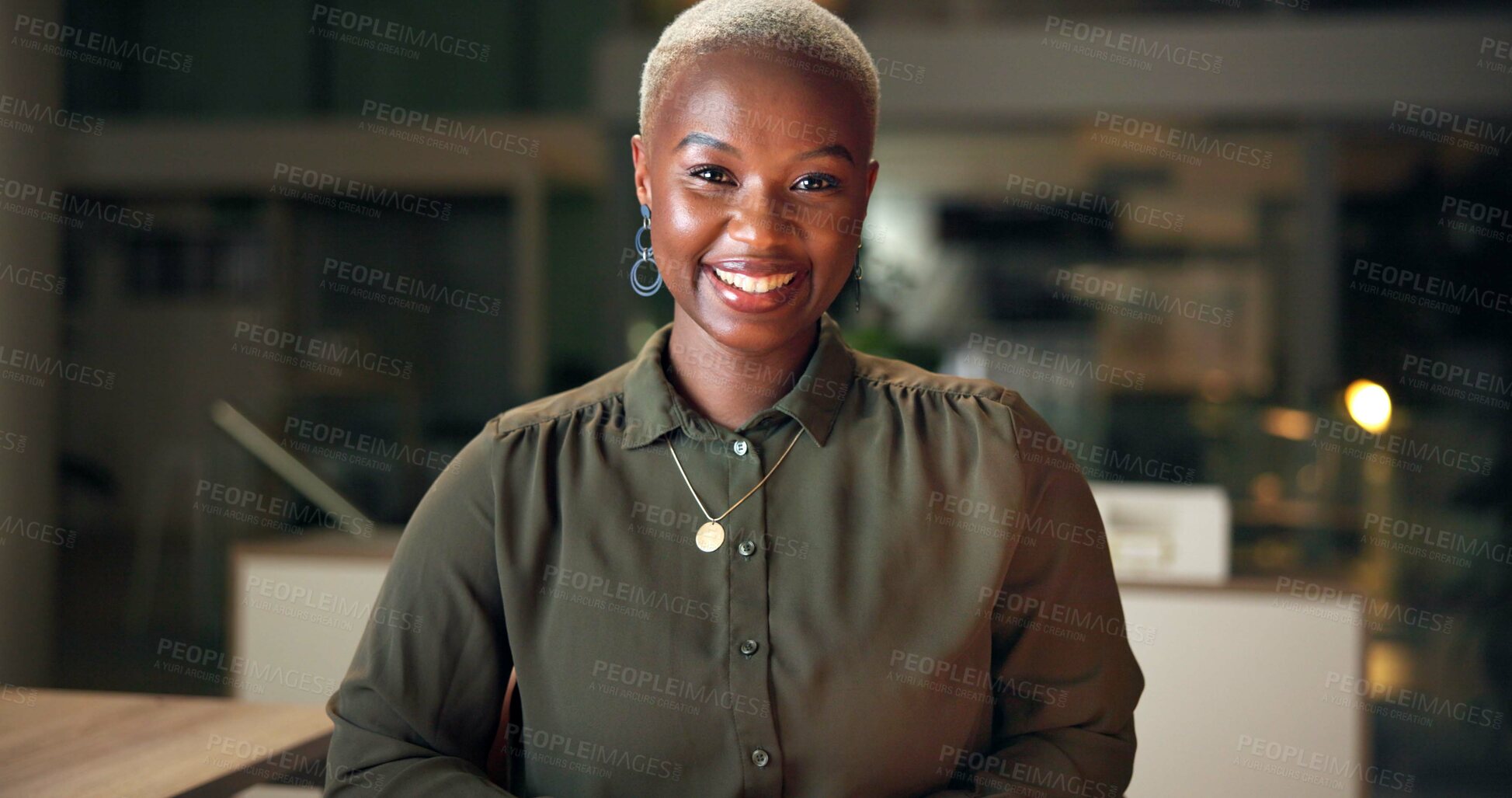 Buy stock photo Smile, business and portrait of black woman in office with confidence for corporate career. Happy, night and professional African female attorney with positive attitude and pride for legal job.