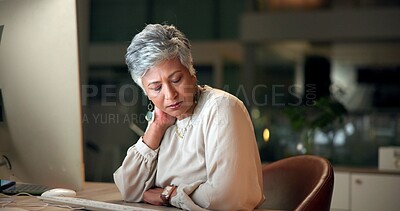 Buy stock photo Business, woman and neck pain in office at night with overtime burnout, osteoporosis and deadline stress. Mature accountant, massage and joint ache with computer, muscle tension and tendinitis injury