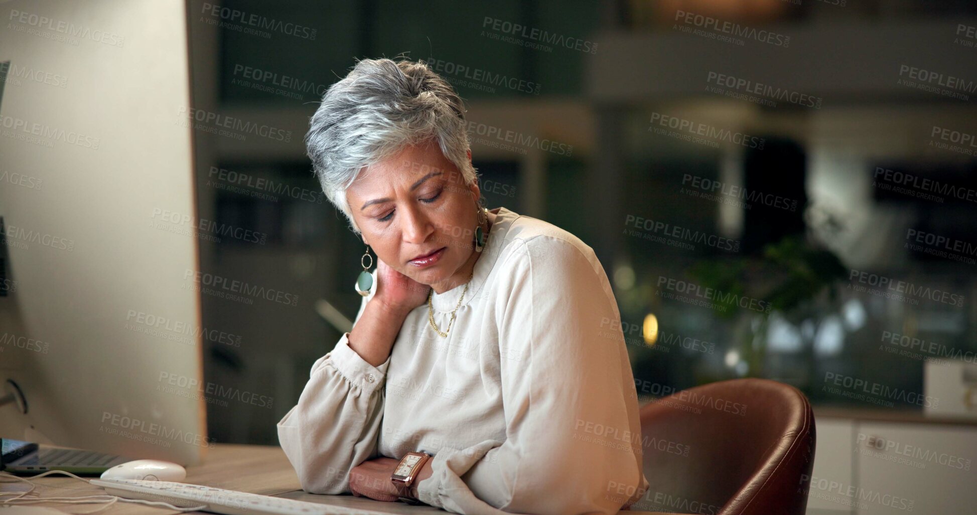 Buy stock photo Business, woman and neck pain in office at night with overtime burnout, osteoporosis and deadline stress. Mature accountant, massage and joint ache with computer, muscle tension and tendinitis injury