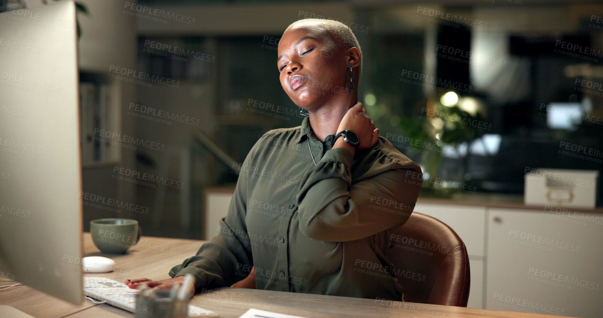 Buy stock photo Business, black woman and neck pain in office at night with overtime burnout, osteoporosis and deadline stress. Female accountant, joint ache and computer with finance, muscle tension and tendinitis