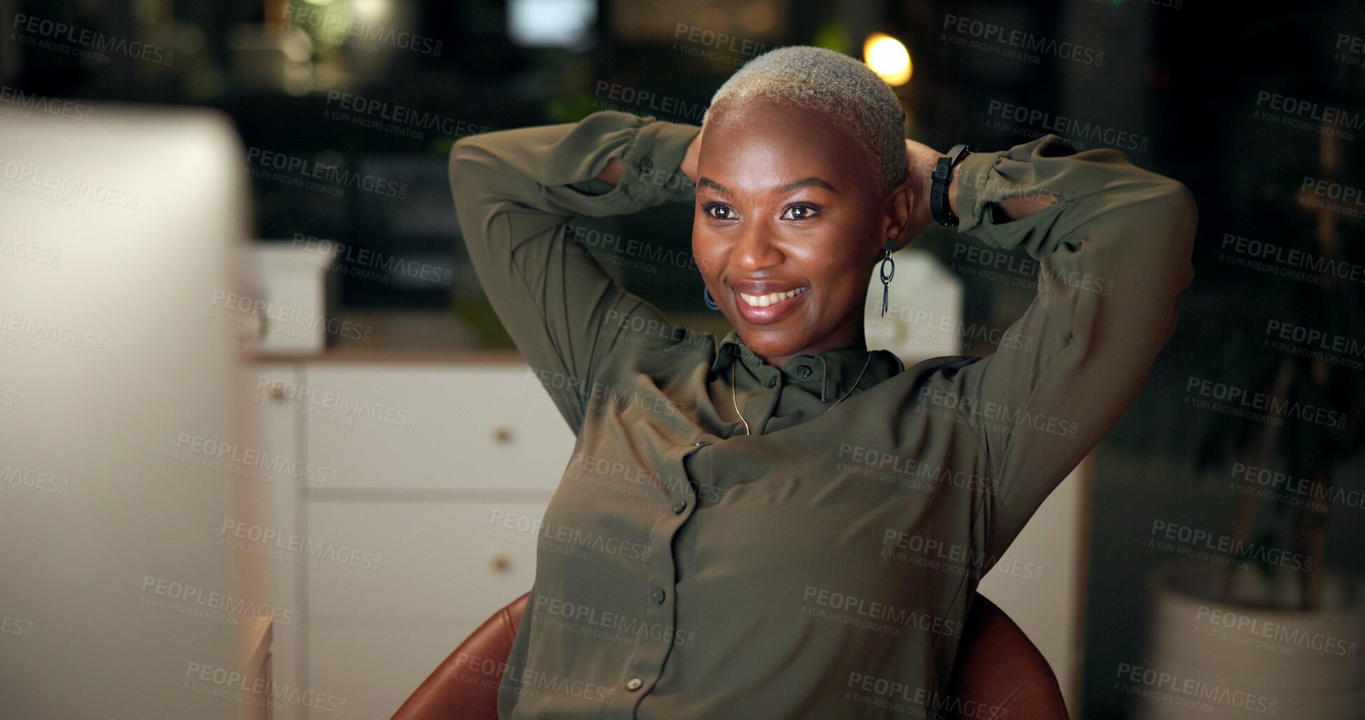 Buy stock photo Business, black woman and happy to relax by desk at night for break, productivity and stock market profit. Resting, employee and satisfaction with trading success, crypto bonus and project completion