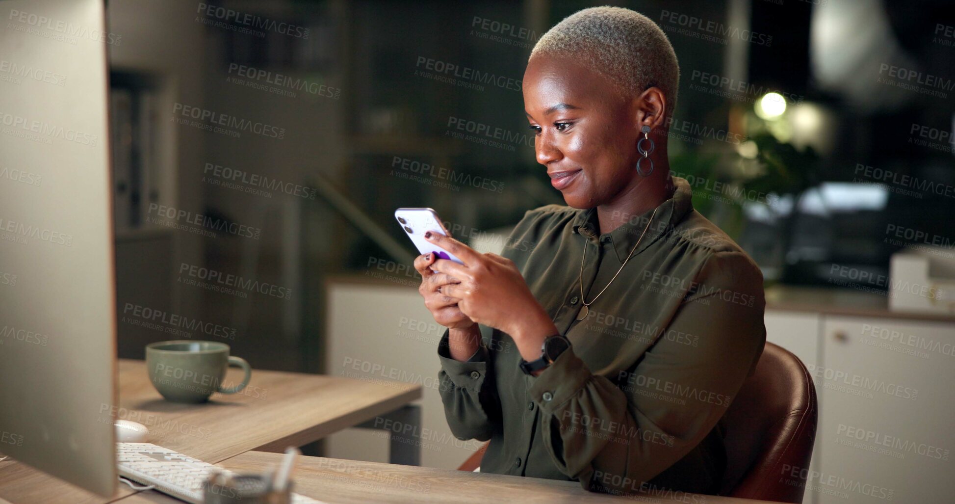 Buy stock photo Night, business woman and smile with cellphone, typing and brainstorming with overtime planning. Black person, employee and accountant with smartphone, communication and professional project proposal