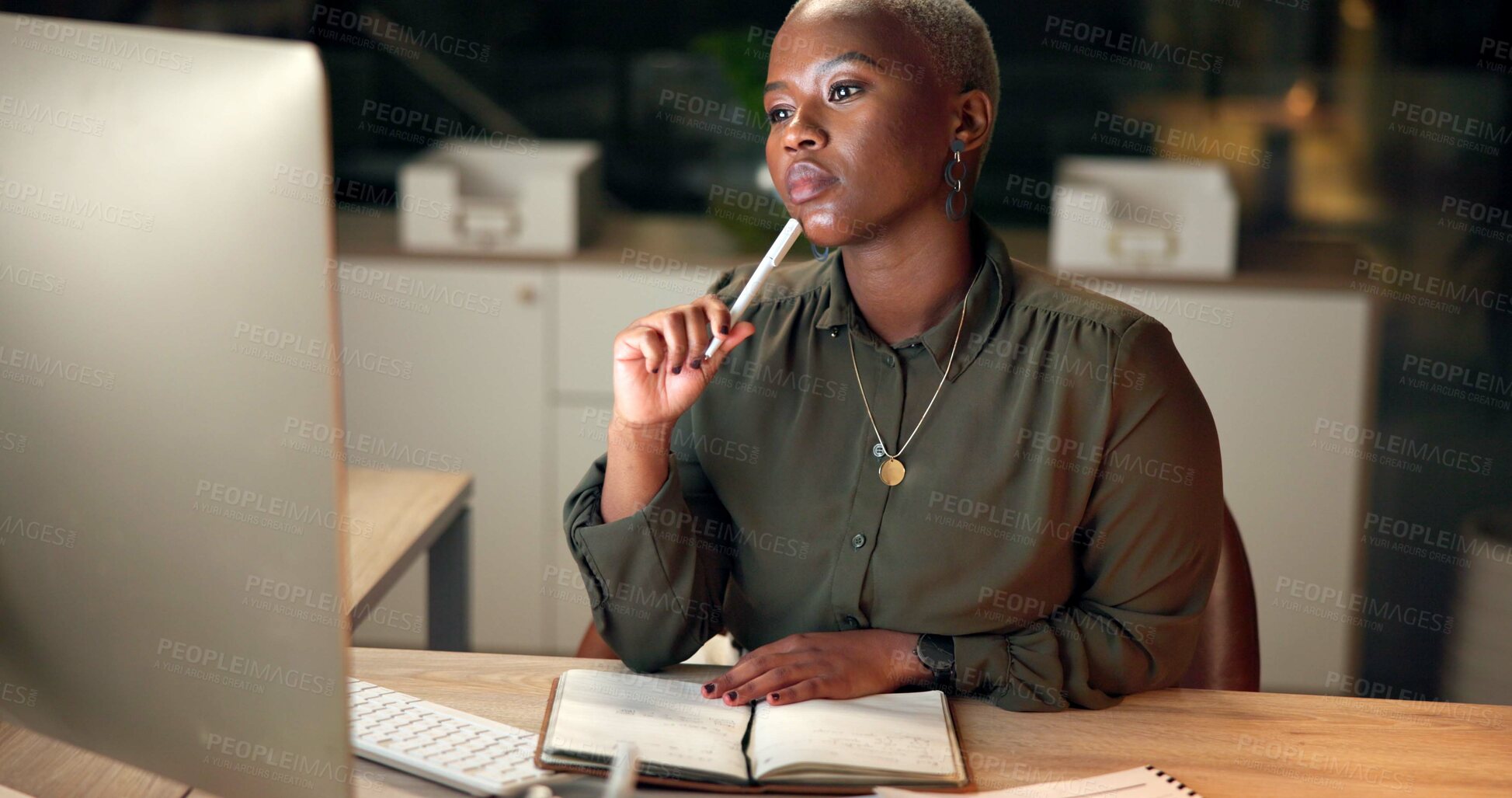 Buy stock photo Night, black woman and thinking at computer for planning, mind map and deadline in office. Journalist, technology or brainstorming in book for article research, storytelling or layout draft in agency