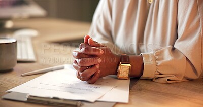 Buy stock photo Hands, documents and employee in office, desk and signature on paperwork, contract or business deal. Table, worker and person with employment agreement, legal and protection of information or company