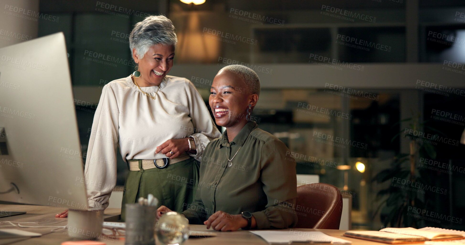 Buy stock photo Coaching, night and business people with computer, women and mentor in modern office. Employees, coworkers and journalist with pc, research for article and teamwork with internet and magazine editor