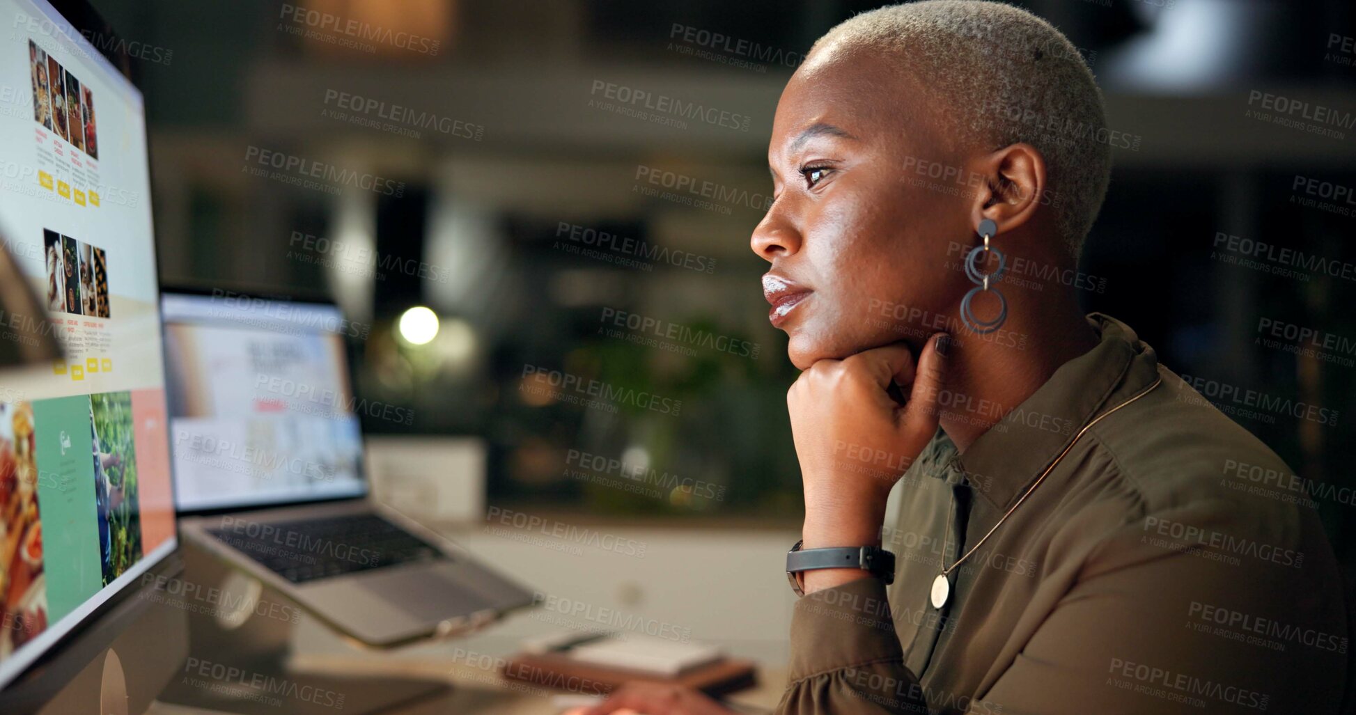 Buy stock photo Night, black woman and thinking at computer screen for planning, web design or deadline in office. Girl, tech display or brainstorming in agency for article research, photo editing or creative layout