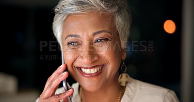 Buy stock photo Office, happy and woman at night for phone call, communication and good news with contact. Working late, mature person and consultant with mobile for discussion, business goal and listening to client