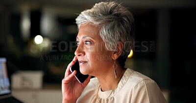 Buy stock photo Office, night and woman with thinking for phone call, communication and networking with contact. Workplace, mature person or consultant with mobile for discussion, business project or idea for client