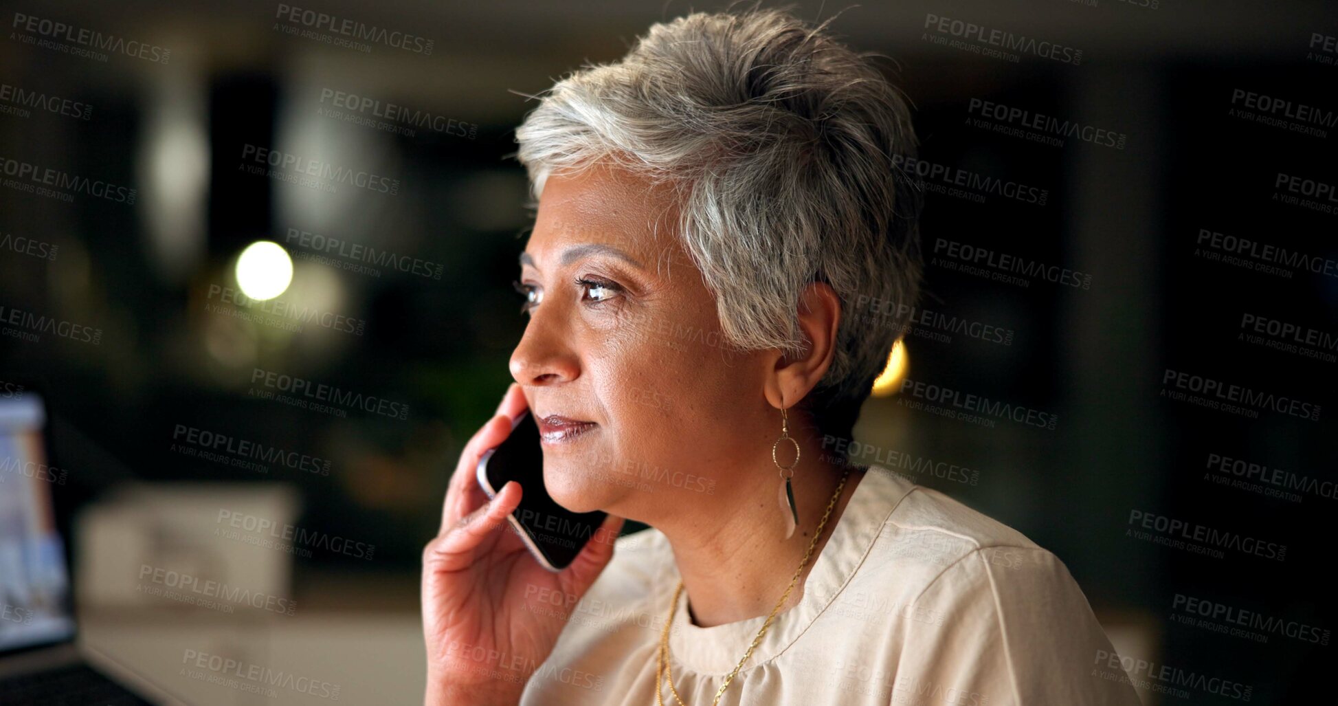 Buy stock photo Office, night and woman with thinking for phone call, communication and networking with contact. Workplace, mature person or consultant with mobile for discussion, business project or idea for client