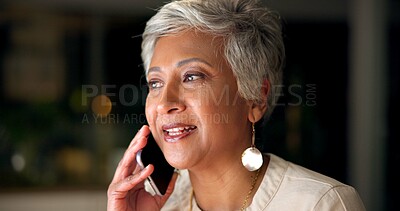 Buy stock photo Office, thinking and woman at night for phone call, communication and networking with contact. Workplace, mature person and consultant with mobile for discussion, business project and idea for client