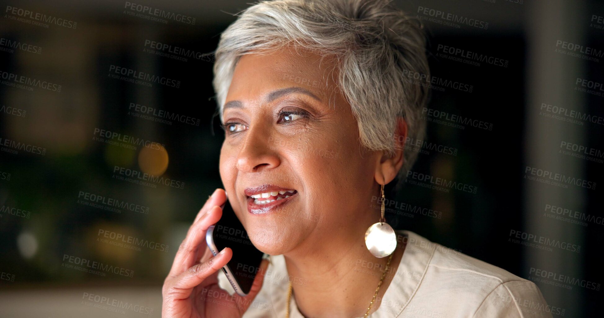 Buy stock photo Office, thinking and woman at night for phone call, communication and networking with contact. Workplace, mature person and consultant with mobile for discussion, business project and idea for client