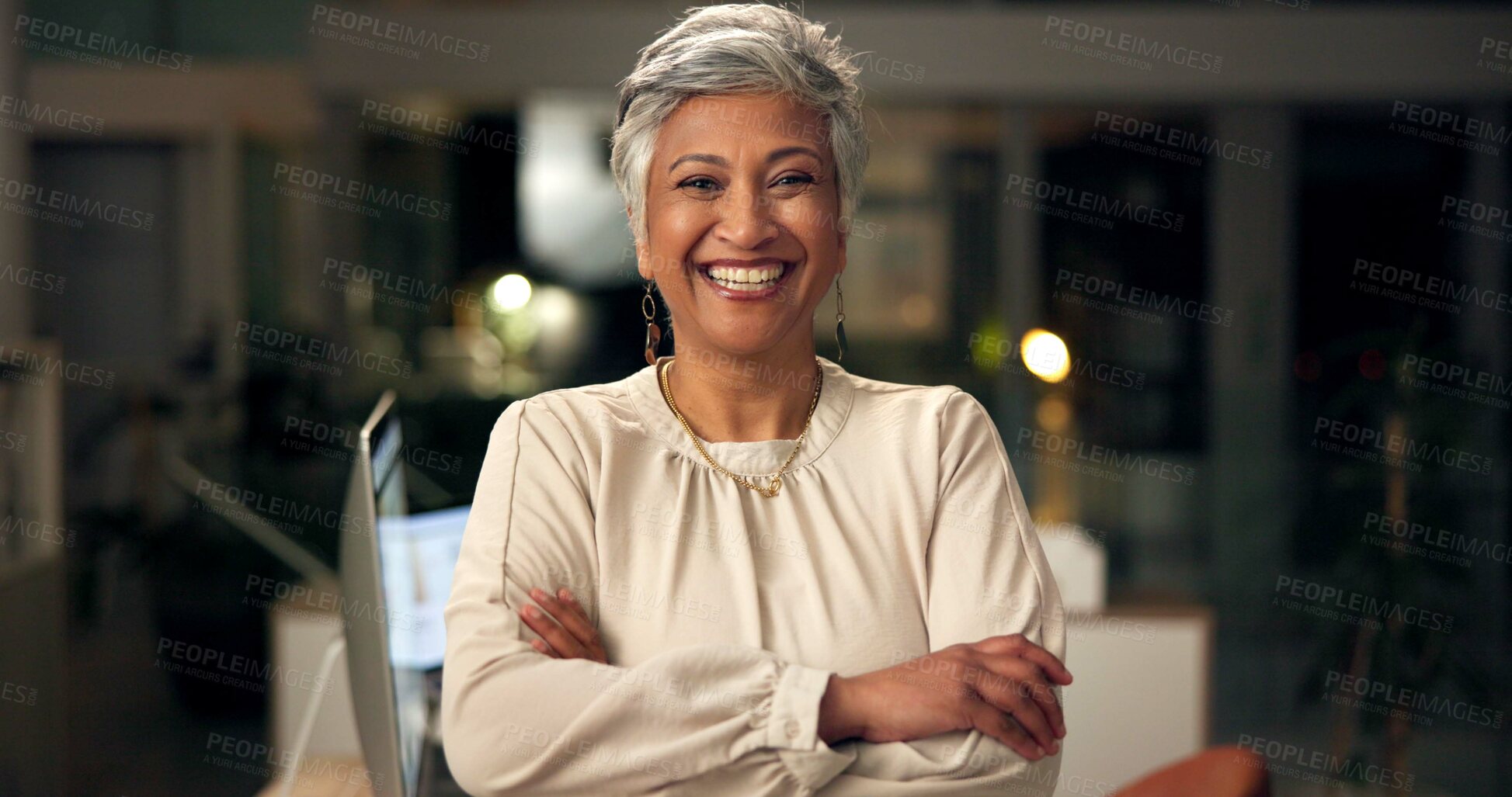 Buy stock photo Happy, crossed arms and portrait of mature woman in office with confidence for corporate career. Smile, night and professional female attorney manager with positive attitude and pride for legal job.