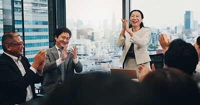 Buy stock photo Celebration, applause and people in meeting, boardroom and clapping for achievement, teamwork or cheering. Office, boss and success for accomplishment, investor and smile for business or joy in Japan