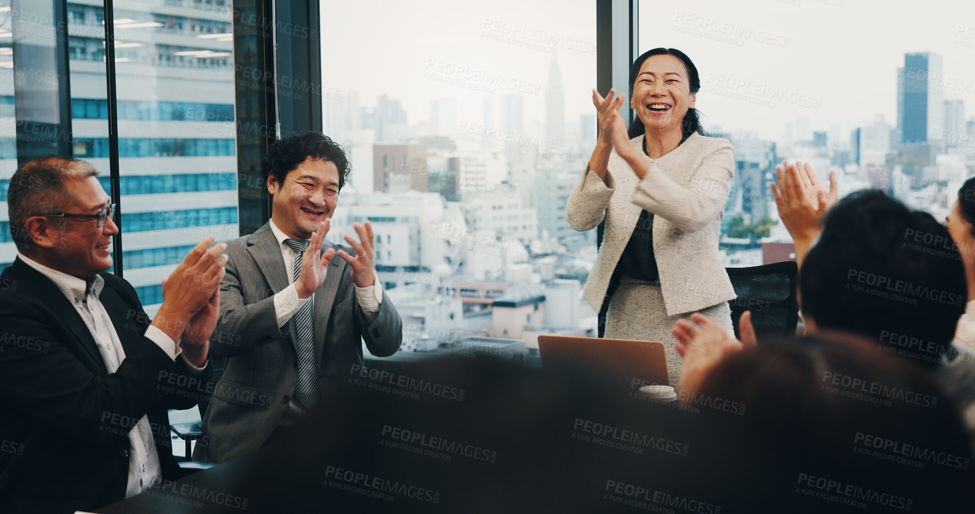 Buy stock photo Celebration, applause and people in meeting, boardroom and clapping for achievement, teamwork or cheering. Office, boss and success for accomplishment, investor and smile for business or joy in Japan