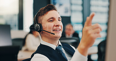 Buy stock photo Call center, headset and businessman in office for customer service, crm or online consultation. Telemarketing, contact us and male technical support advisor with mic tech for ecommerce query.