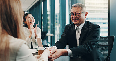 Buy stock photo Cooperation, handshake and business people in meeting, teamwork and promotion with bonus. Japan, group and employees with celebration, collaboration and partnership with success, deal or negotiation