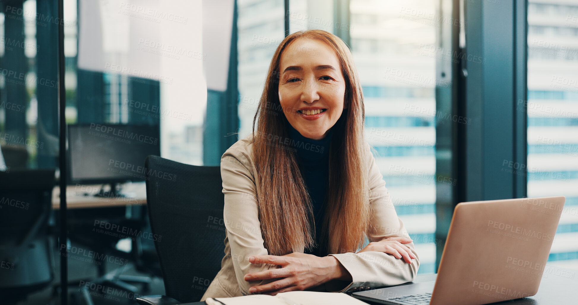 Buy stock photo Laptop, business and portrait of Japanese woman in office for internal auditor, bookkeeper and account manager. Professional, corporate and report with person in financial firm for company revenue