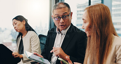 Buy stock photo Business, meeting and Asian people on tablet with finance data for planning, discussion and review. Corporate, Japan office and men and women on tech for company review, teamwork and collaboration