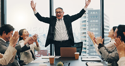 Buy stock photo Success, boss and people in meeting, boardroom and clapping for achievement, teamwork and cheering. Office, applause and celebration for accomplishment, investor and victory for business and smile