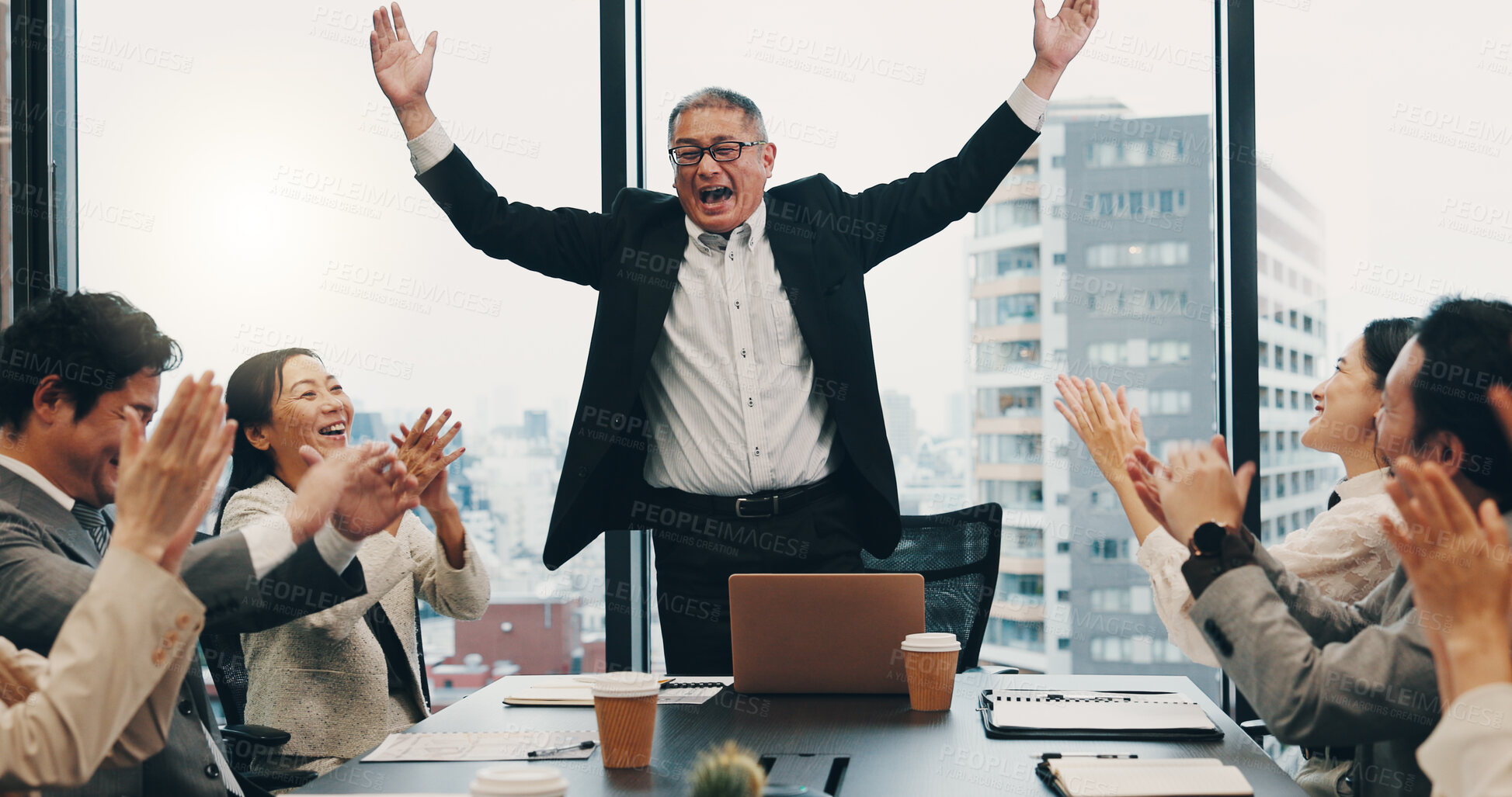 Buy stock photo Success, boss and people in meeting, boardroom and clapping for achievement, teamwork and cheering. Office, applause and celebration for accomplishment, investor and victory for business and smile