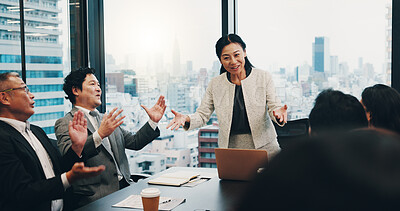 Buy stock photo Asian woman, laptop and presentation with applause for meeting, congratulations or thank you at conference. Japan, female person or speaker with employees clapping for good job or speech in boardroom