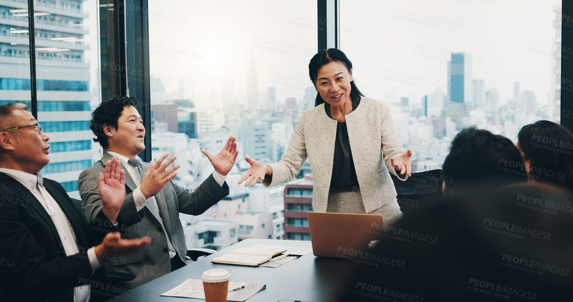 Buy stock photo Asian woman, laptop and presentation with applause for meeting, congratulations or thank you at conference. Japan, female person or speaker with employees clapping for good job or speech in boardroom