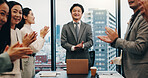 Clapping, boss and people in meeting for success, achievement or promotion in boardroom. Happy, teamwork or proud CEO in office for accomplishment, corporate investor and business with deal in Japan
