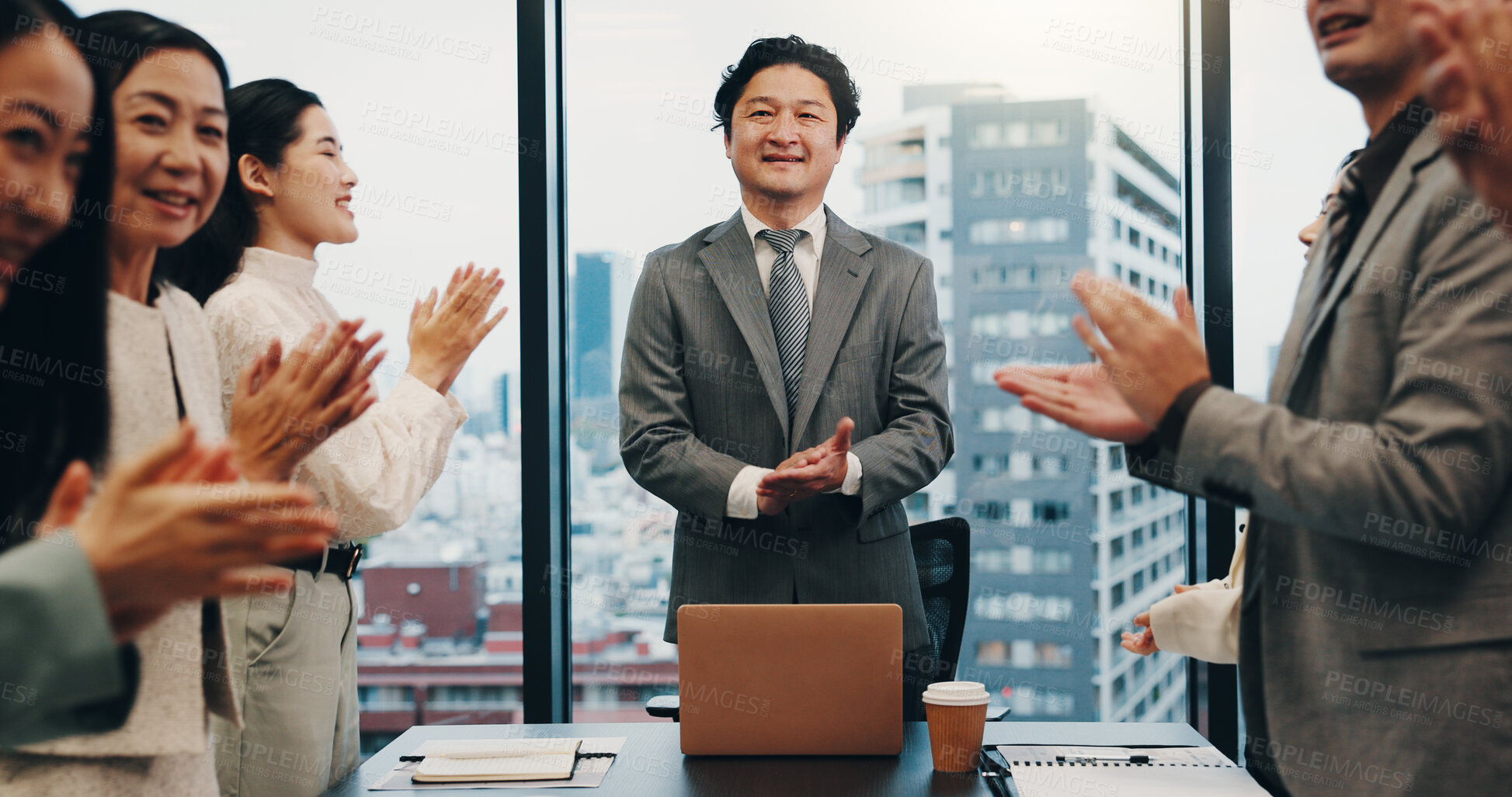 Buy stock photo Clapping, boss and people in meeting for success, achievement or promotion in boardroom. Happy, teamwork or proud CEO in office for accomplishment, corporate investor and business with deal in Japan