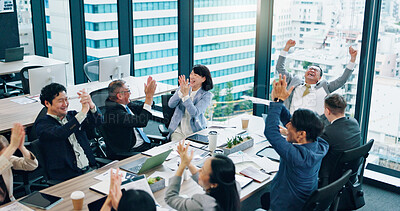 Buy stock photo Applause, celebration and business people in meeting, teamwork and cooperation. Employees, Japan or group clapping with success, achievement or cheering for victory or positive feedback in office