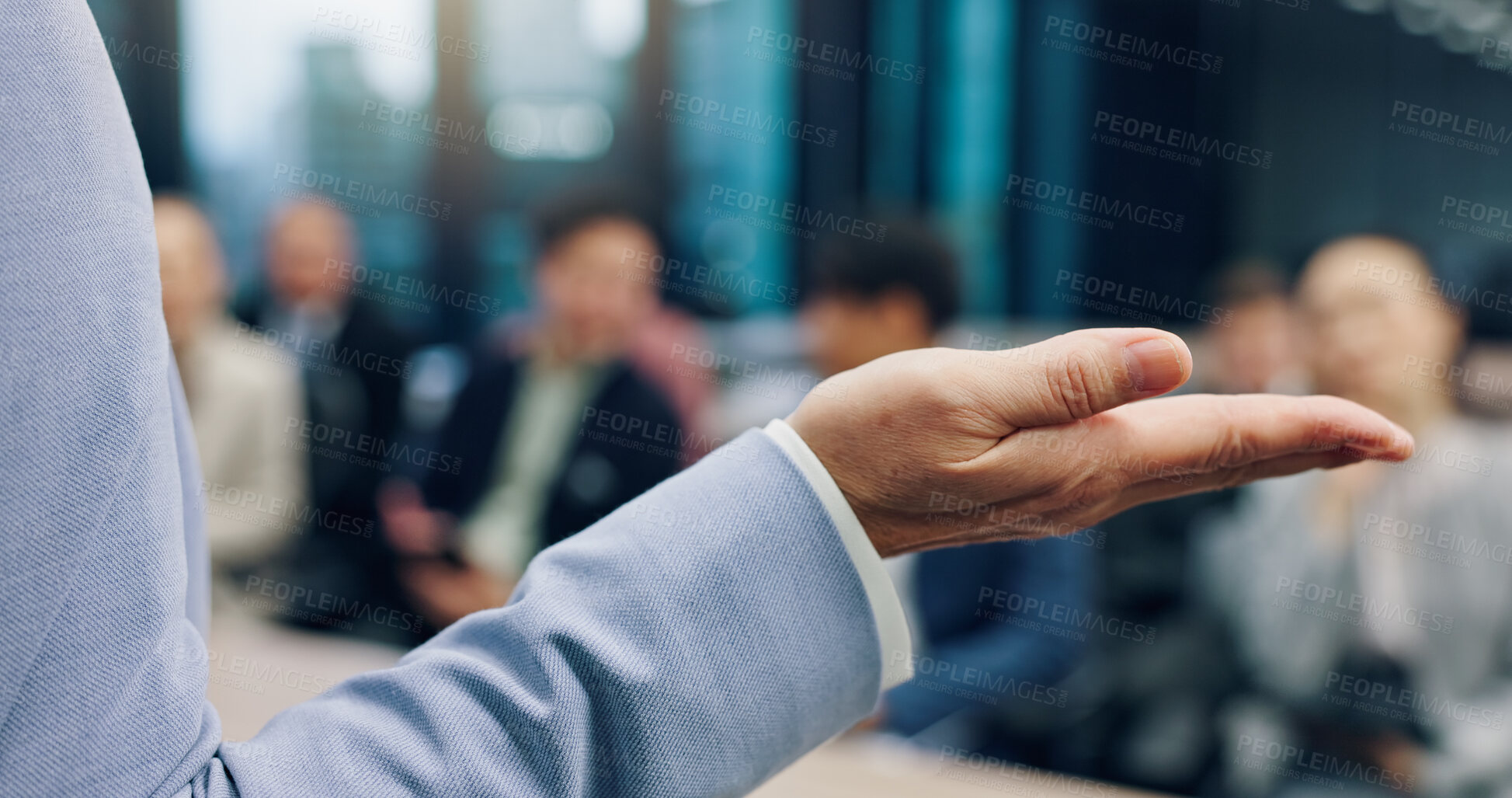 Buy stock photo Businessman, speech or hands of speaker in presentation for education, coaching and value in office. Learning, teaching or CEO talking to improve performance or development skills in seminar in Japan