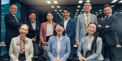 Buy stock photo Finance, business people and portrait with team for corporate development, about us or confidence at office. Japan, group or happy employees laughing for company growth, job or career at workplace