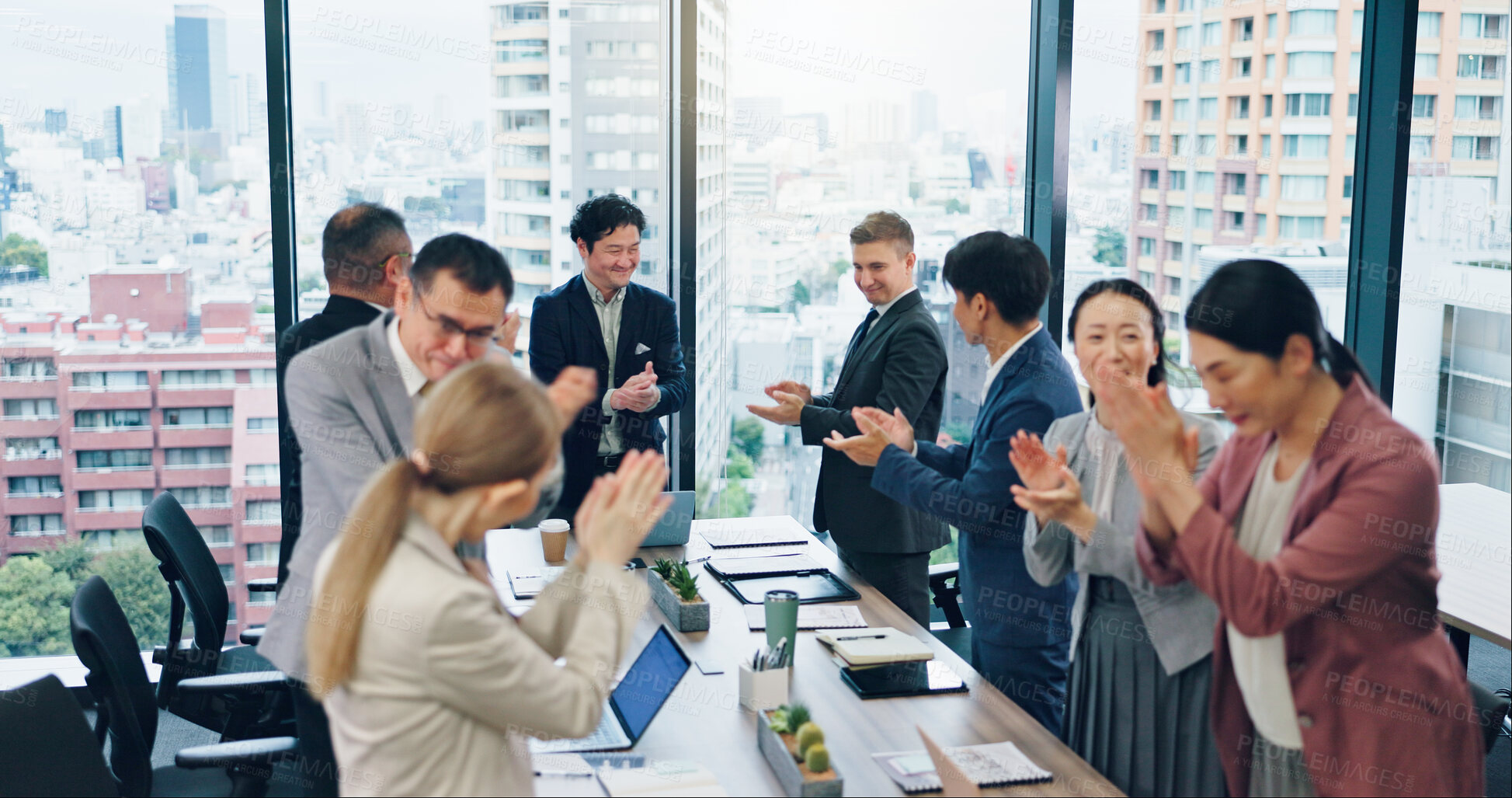 Buy stock photo Applause, success and business people in meeting, teamwork and cooperation. Employees, Japan or group clapping with celebration, achievement or cheering for b2b deal or positive feedback in office