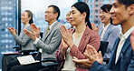 Business, people and presentation with applause in meeting for investment deal, company sales growth or good news. Japanese firm, finance staff and clapping hands for merger success or b2b onboarding