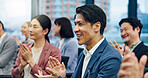 People, applause and conference in office for business, achievement and employee training in Japanese company. Corporate staff, meeting and clap in boardroom for thank you, welcome and merger success