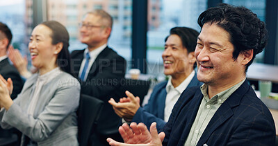 Buy stock photo Business people, applause and man at conference with celebration, goals and audience in boardroom. Person, crowd and smile for increase, success and cheers for workshop at insurance agency in Japan