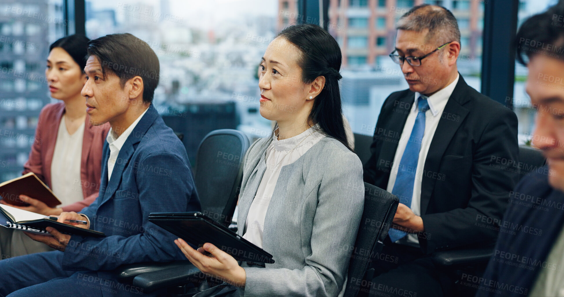 Buy stock photo People, tech and seminar in office for business, learning or staff training in Japanese company. Corporate employees, conference or notes in boardroom for development, meeting agenda or team feedback