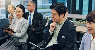 Buy stock photo Business, people and meeting in office for seminar, thinking and planning growth in Japanese company. Audience, notes and presentation in agency for learning, corporate training or listening for info
