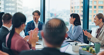 Buy stock photo Business, people or surprised with celebration in meeting for investment deal, b2b partnership contract or support. Japanese firm, finance staff or applause for merger success or company announcement