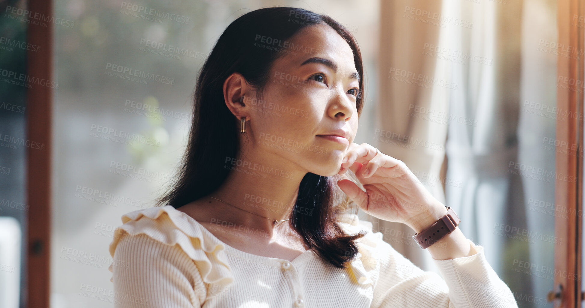 Buy stock photo Thinking, serious and Asian woman in home, remember and writer with inspiration, ideas and creative. House, contemplating and planning for self publishing, entrepreneur or mindset for future in Japan