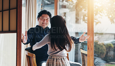 Buy stock photo Japanese, father and hug child at house with love, care and bonding together for childhood development. Smile, man and girl with embracing for security, family relationship and weekend visit in Japan