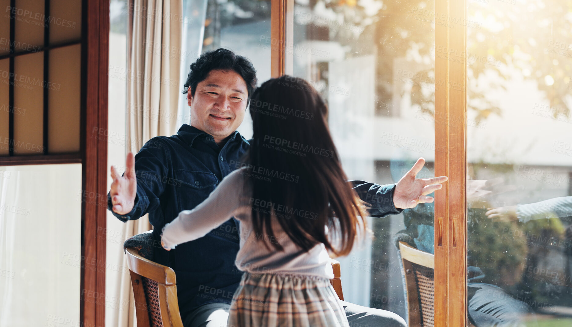 Buy stock photo Japanese, father and hug child at house with love, care and bonding together for childhood development. Smile, man and girl with embracing for security, family relationship and weekend visit in Japan