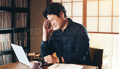 Buy stock photo Asian man, headache and laptop with stress for vertigo, pain or anxiety in burnout at home. Japan, male person or freelancer with migraine or dizziness for mistake, debt or financial crisis at house