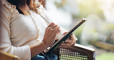 Buy stock photo Woman hands, pen and tablet in home for ecommerce, digital drawing and connectivity in Japan. Person, tech and relax in living room with social media, news scroll and journal blog in creativity app