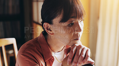 Buy stock photo Thinking, senior and japanese woman with walking cane and sad memory with struggle to remember. Alzheimer, loss and grief from dementia news with solitude of lonely elderly person with disability