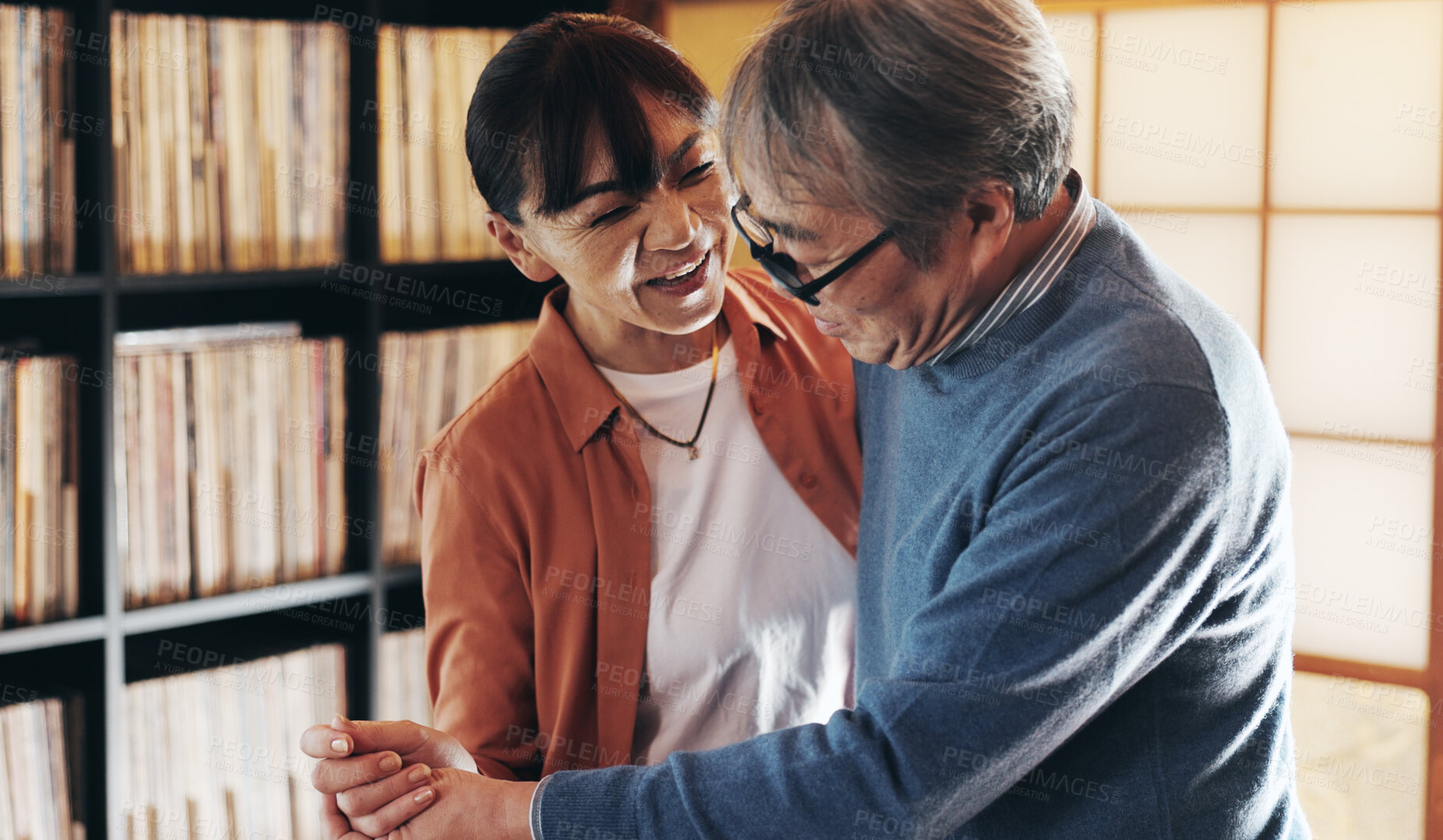 Buy stock photo Dance, love and retirement with senior couple in home together for bonding or romance. Marriage, relationship or smile with happy, mature Japanese man and woman in apartment for anniversary or dating