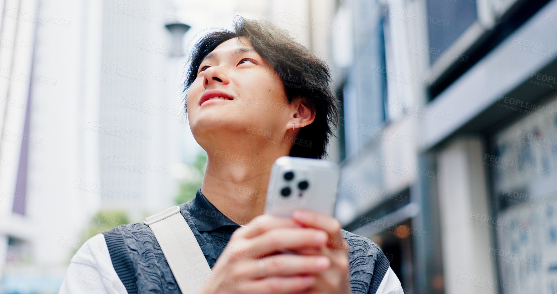 Buy stock photo Japanese, man and thinking with phone in city for communication, travel location and map notification. Person, mobile and website navigation with morning commute, urban view and networking in Japan 