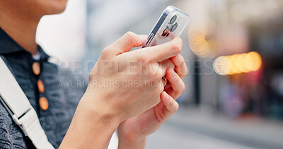 Buy stock photo Hands, person and typing with phone in city for communication, travel location and map notification. Mobile, social media and contact website with morning commute, schedule transport and urban Japan 