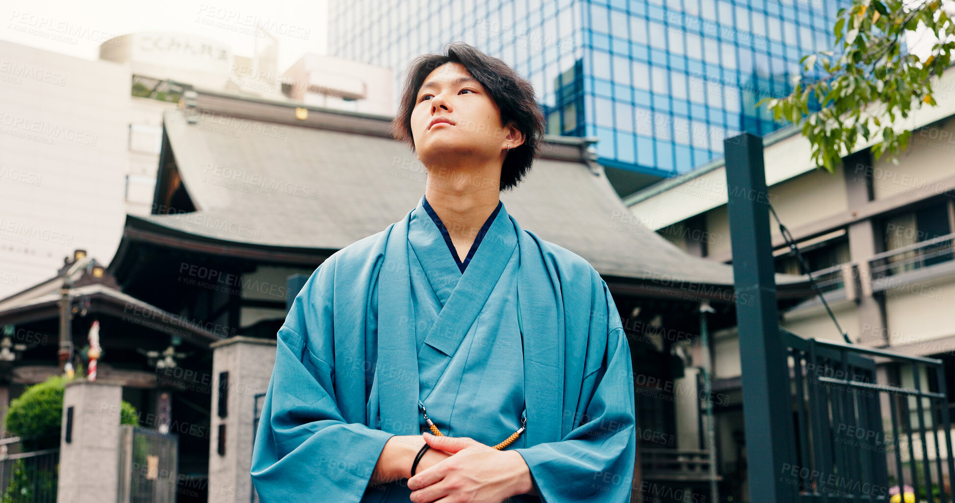 Buy stock photo Man, thinking and urban city with traditional fashion, outfit and yukata for heritage. Travel, Japanese guy and vacation for culture, journey and sightseeing with casual dress kimono and downtown