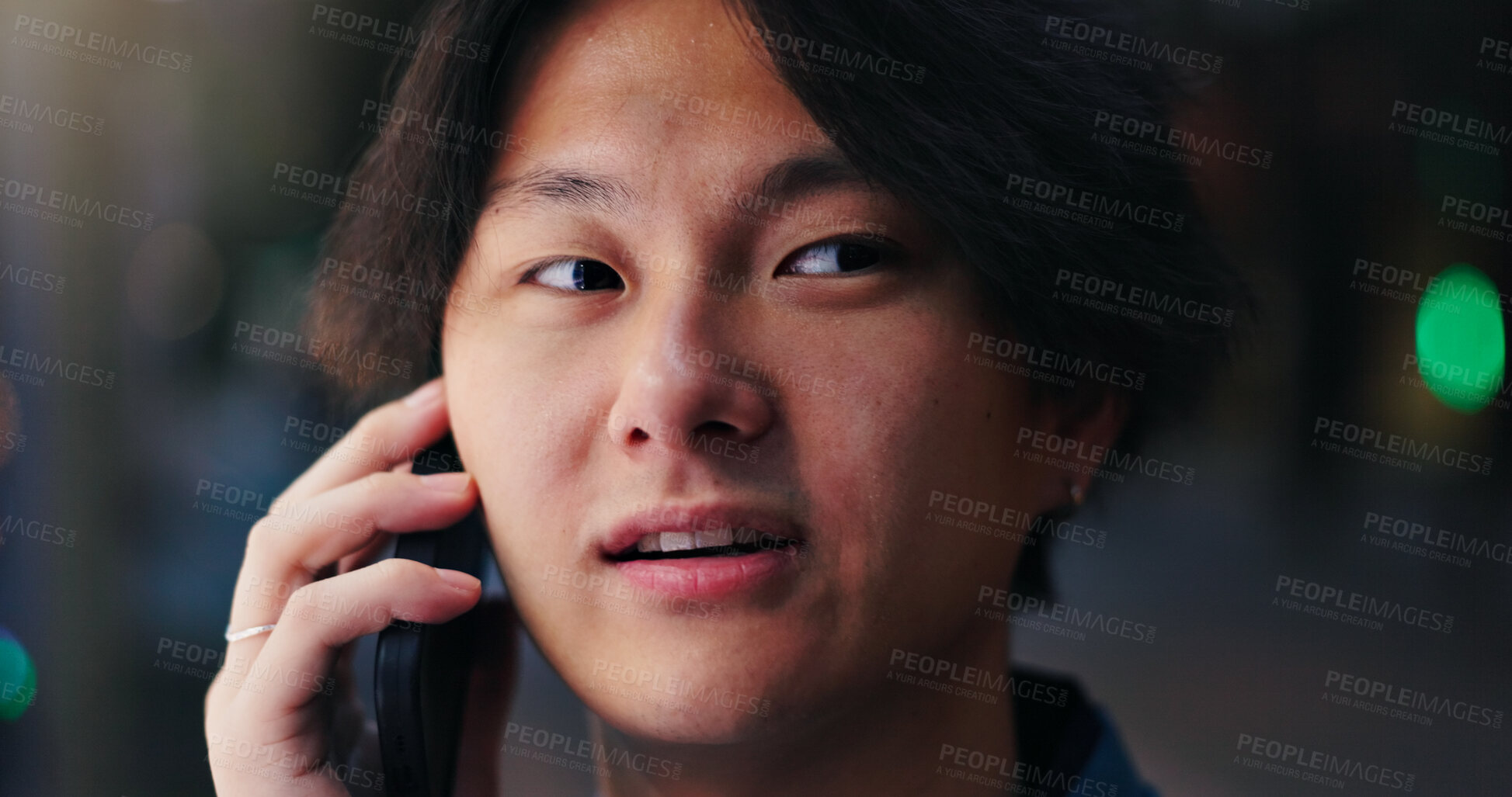 Buy stock photo Japanese man, talking and phone call at night for conversation, discussion and booking with travel. Asian person, happy and mobile outdoor for listening, communication and commute with information