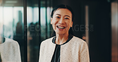 Buy stock photo Smile, pride and portrait of businesswoman in office for finance career with growth. Confident, happy and mature Japanese female financial executive with positive attitude for company expenses.